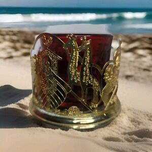 Vtg. Noah's Ark Votive Candle Holder By Dayton.  24k Gold Finish with Red‎ Glass